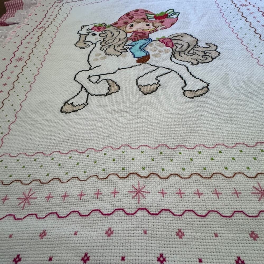 Strawberry Shortcake Cross Stitch Handmade Baby Quilt Blanket 34”x 42” - Picture 6 of 8